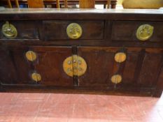 CHINESE ALTAR CABINET for restoration having rolled ends to the top and with three long opening