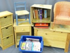PINE STORAGE BOX, side table with drawer, three basket storage shelf, small cane chair, string
