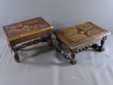 TWO SIMILAR VINTAGE CARVED FOOTSTOOLS