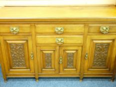 VICTORIAN OAK SIDEBOARD with carved panel front doors, 99cms height, 168cms width, 58cms depth