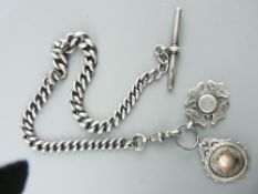 CHUNKY SILVER FOB WATCH CHAIN with T-bar clip and two fobs, 13.5ins long the chain, 1.9 troy ozs