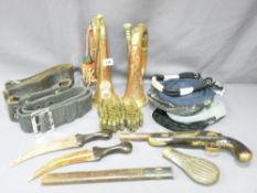 ASSORTED MILITARY RELATED COLLECTABLES, two copper and brass bugles, one marked 'Hawkes & Son,
