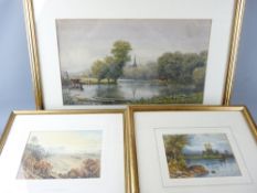 ENGLISH SCHOOL watercolours, two - cattle watering, 25 x 43cms, river and boat scene, 11 x 16cms and