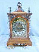 LATE 19th CENTURY BURR WALNUT BRACKET/MANTEL CLOCK by Lenzkirch, silvered dial set with Roman