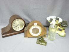 TWO VINTAGE MANTEL CLOCKS with a set of cast iron kitchen scales and weights ETC