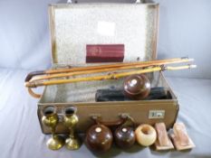 VINTAGE SUITCASE AND CONTENTS including a pair of antique wooden Crown Green bowls with jack in a