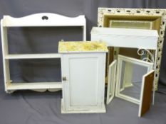 VINTAGE PAINTED SINGLE DOOR CUPBOARD, a painted open book shelf, mirror, planter ETC