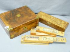 VICTORIAN WRITING SLOPE WITH BRASS MOUNTS, a quality walnut glove box and two vintage wooden