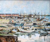 WILLIAM STUHR (Danish 1882-1958) oil on canvas - busy harbour believed to be Skagen, signed and