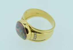 18CT YELLOW GOLD OPAL & DIAMOND RING featuring one solid opal with eight round brilliant cut