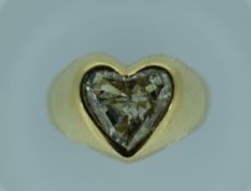 A SUPERB HEART SHAPED DIAMOND set in an 18ct yellow gold ring, visual estimate of diamond approx 2ct
