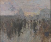 BERNARD DUNSTAN (British 1920-2017) oil on board - figures in Venice, entitled verso 'Hurrying for