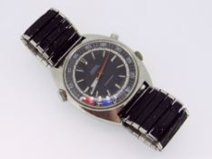 A GENTS OMEGA CHRONOSTOP SEAMASTER WRISTWATCH in stainless steel with black centre dial and
