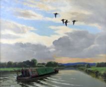 SIR PETER MARKHAM SCOTT (British 1909-1989) oil on canvas - figure steering narrow boat at