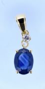 14CT YELLOW GOLD SAPPHIRE & DIAMOND PENDANT featuring oval cut medium blue sapphire (1.50ct) four-