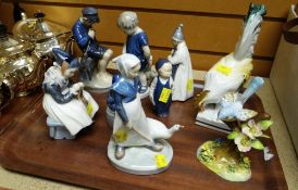 SEVEN VARIOUS ROYAL COPENHAGEN FIGURES, together with a continental figure of a cockerel ETC