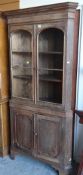 ANTIQUE OAK STANDING CORNER CUPBOARD with two door glazed top and cupboard base, 195cms tall,