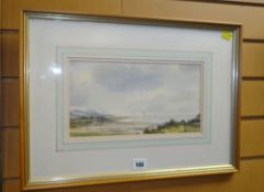WILLIAM E WHEELER watercolour - a view towards mountains across a bay with seagulls, 16 x 30cms