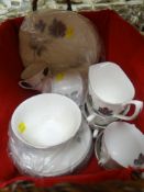 ROYAL ALBERT 'BLACK ROSE' DECORATED TEA WARE in wicker basket