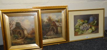 FRAMED WATERCOLOUR still life fruit and a jug, superimposed initials M C, 25 x 35cms, together