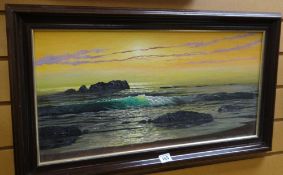 BRIAN WILLIAMS local Cardiff artist, oil on board - coastal scene with crashing waves on rocks,