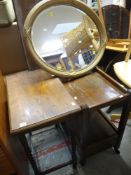 OAK BARLEY-TWIST SIDE-TABLE, together with an oak trolley and oval gilt mirror, 71 x 60cms