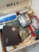 CIGAR BOX & CONTENTS, mainly vintage stationery items, together with a vintage AA car grill badge,