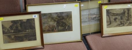 ENGLISH SCHOOL watercolour - signed J Syes, a rural scene, together with three framed etchings