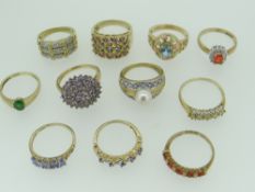 9CT GOLD DRESS RINGS OF VARIOUS DESIGNS to include cluster, triple-row, some from QVC 36.3 grams (