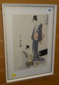 JAPANESE WOODBLOCK depicting two figures in kimonos with character marks and signature, 37 x 24cms
