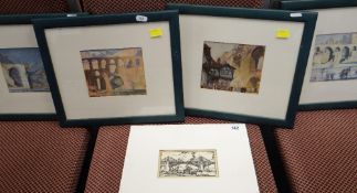 A SET OF FOUR FRAMED REPRODUCTION FRANK BRANGWYN PRINTS of continental locations, together with a