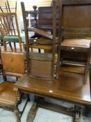 VINTAGE OAK DRAW-LEAF DINING TABLE on baluster legs, 88 x 84cms, together with a set of four early