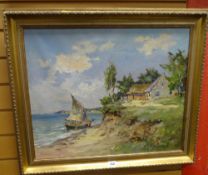 CONTINENTAL SCHOOL oil on canvas - fisherman and boat, signed, 50 x 60cms