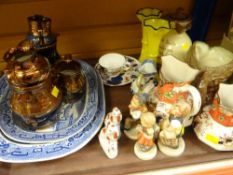 MIXED CHINA including blue and white willow pattern platters, luster jugs, Masons Ironstone '