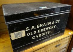 VINTAGE BLACK PAINTED METAL DOCUMENT CHEST with carry handles, inscribed 'S.A Brain & Co. Old