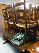 DARK OAK REFECTORY TABLE, 182 x 75cms six matching ladder back chairs together with a modern dark