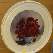 CIRCULAR OIL ON CARD / PAPER STILL LIFE OF ROSES IN A BOWL, signed 'Rosina', 34cms diameter