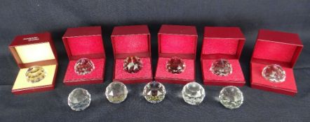 BOXED SWAROVSKI CRYSTAL 50mm ROUND COLOURED PAPERWEIGHTS (11 in total)