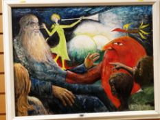 BRYON HARRY oil on board - surreal illustration with figures, entitled 'And Behind Every Man',