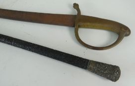 GOOD CARVED EBONY WALKING CANE metal handle with decoration, together with a brass handled sabre