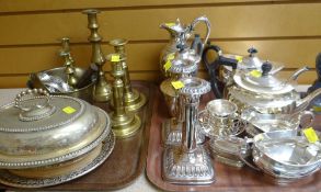 METALWARE including good EPNS three piece tea set, candlesticks, jugs, brassware ETC