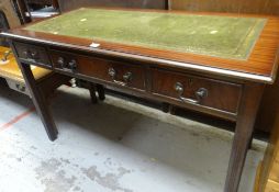 REPRODUCTION MAHOGANY GREEN LEATHER TOOLED TOP THREE DRAWER DESK
