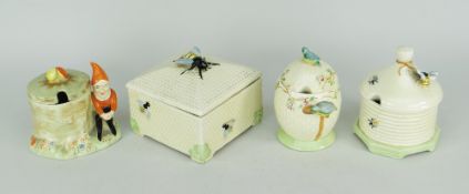 FOUR ITEMS OF ROYAL CROWN DEVON, honey pot, preserve pots ETC