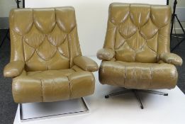 GOOD PAIR OF PADDED COFFEE BROWN LEATHER ARM CHAIRS in the Swedish style, circa 1970, on chrome