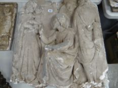 VICTORIAN PLASTER MAQUETTE depicting Christ blessing a young child with onlookers, 62 x 62cms