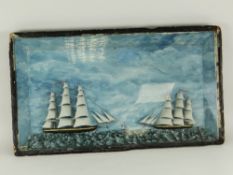 MARITIME DIORAMA featuring two tall sailing ships, on a raised painted squally sea and with