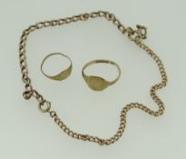9CT YELLOW GOLD SIGNET RING together with yellow metal chain and ring 6.3 grams overall