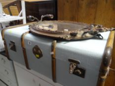 VINTAGE BANDED TRUNK (painted), together with an oval gilt wall mirror with candle sconce