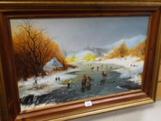 BRIAN WILLIAMS local Cardiff artist, oil on board - winter scene with skaters on frozen river,