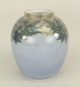 ROYAL COPENHAGEN BULBOUS VASE with flower and gilt decoration, 23.5cms high